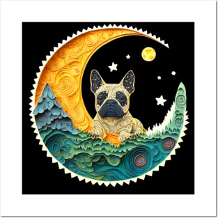 Retro French Bulldog Frenchie Crescent Moon Stars Forest Art Posters and Art